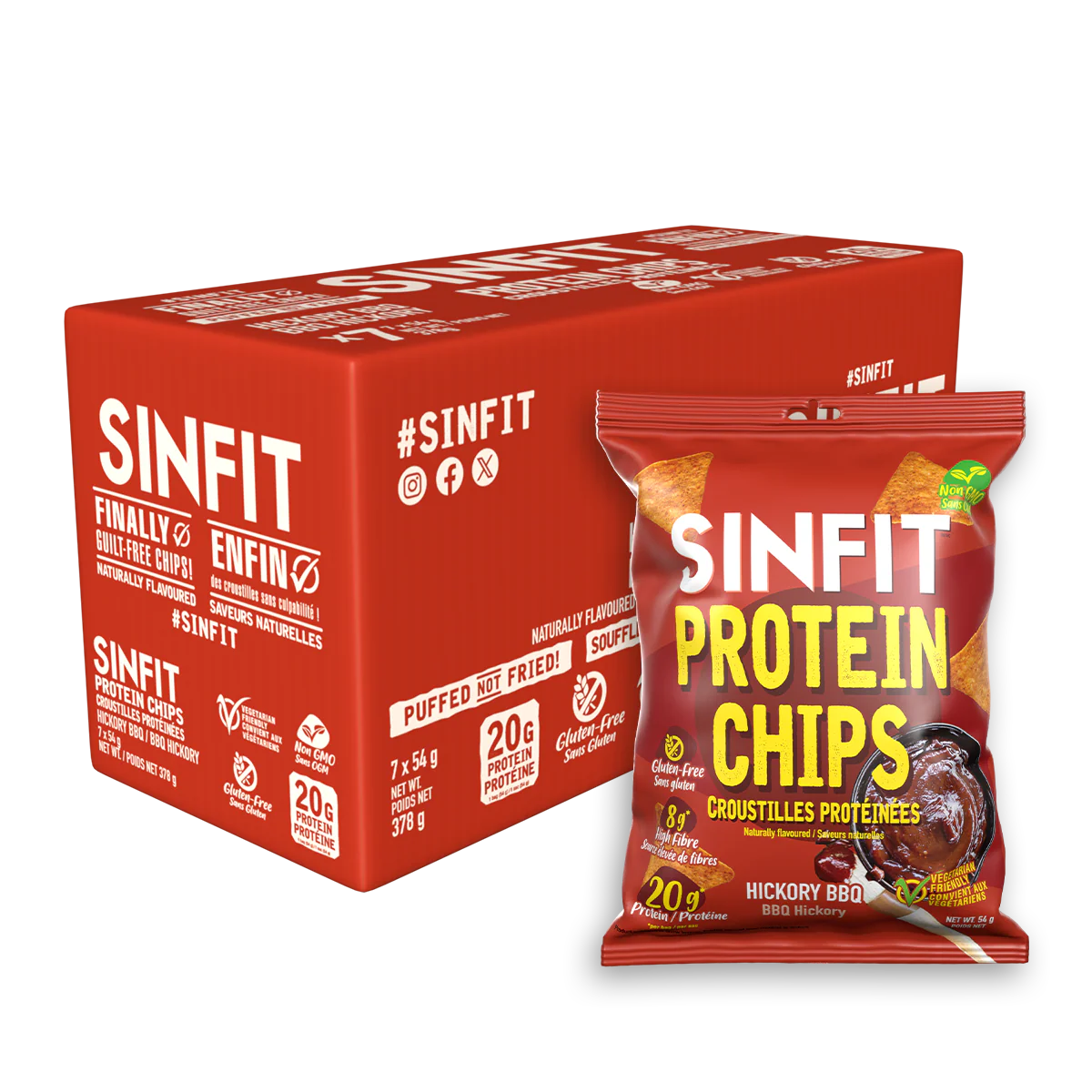 Sinfit Protein Chips Hickory BBQ 7 x 54g box and single bag packaging