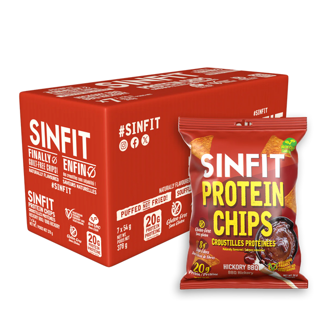 Sinfit Protein Chips Hickory BBQ 7 x 54g box and single bag packaging