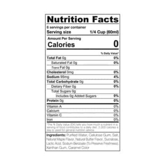 Nutrition facts label with serving size, calories, and ingredient list of SINFIT Sugar Free Maple Pancake Syrup