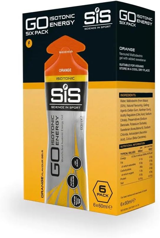 SiS GO Isotonic Energy 6 Pack 6x60ml — Orange box, front view showing gel sachet