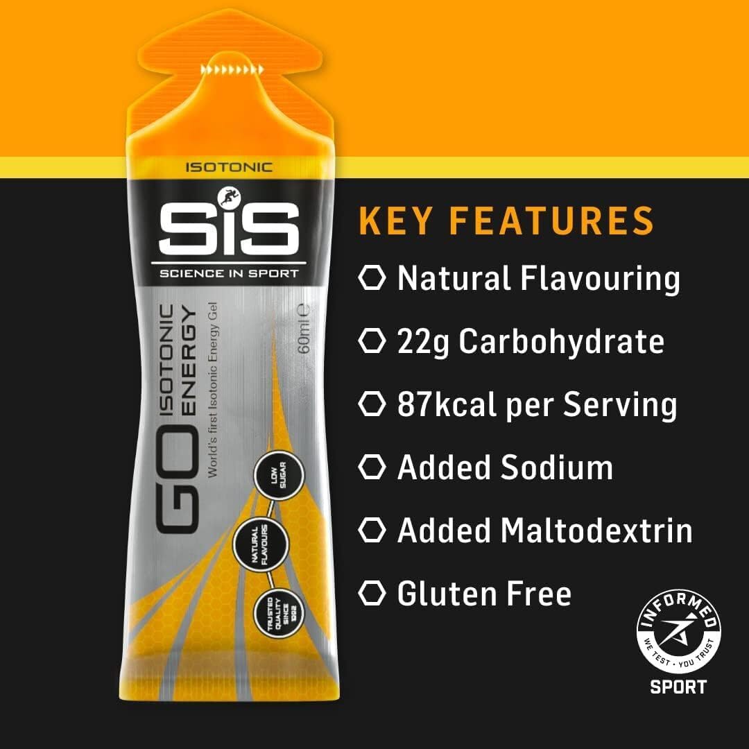 SiS GO Isotonic Energy Gel — key features panel listing natural flavouring, 22g carbohydrate and 87kcal per serving