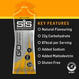 SiS GO Isotonic Energy Gel — key features panel listing natural flavouring, 22g carbohydrate and 87kcal per serving