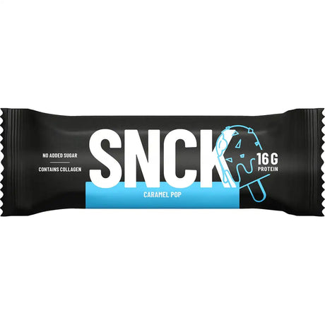 SNCK protein bar packaging with caramel pop flavor