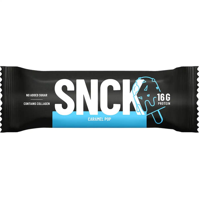 SNCK protein bar packaging with caramel pop flavor
