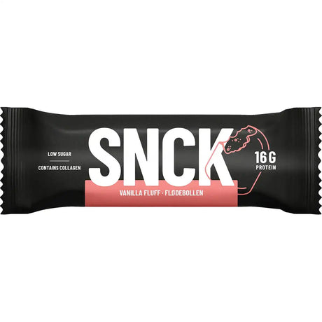 SNCK protein bar packaging with vanilla flavor
