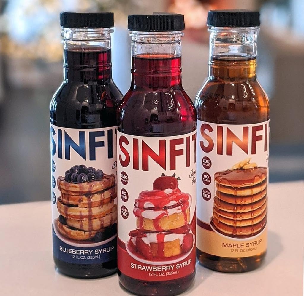 Three bottles of SINFIT Sugar Free Pancake Syrups 355ml bottles Zero Calorie Syrup