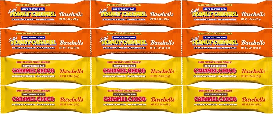 Soft Barebells Variety pack of 6 caramel chocolate protein bars And 6 peanut caramel protein bars