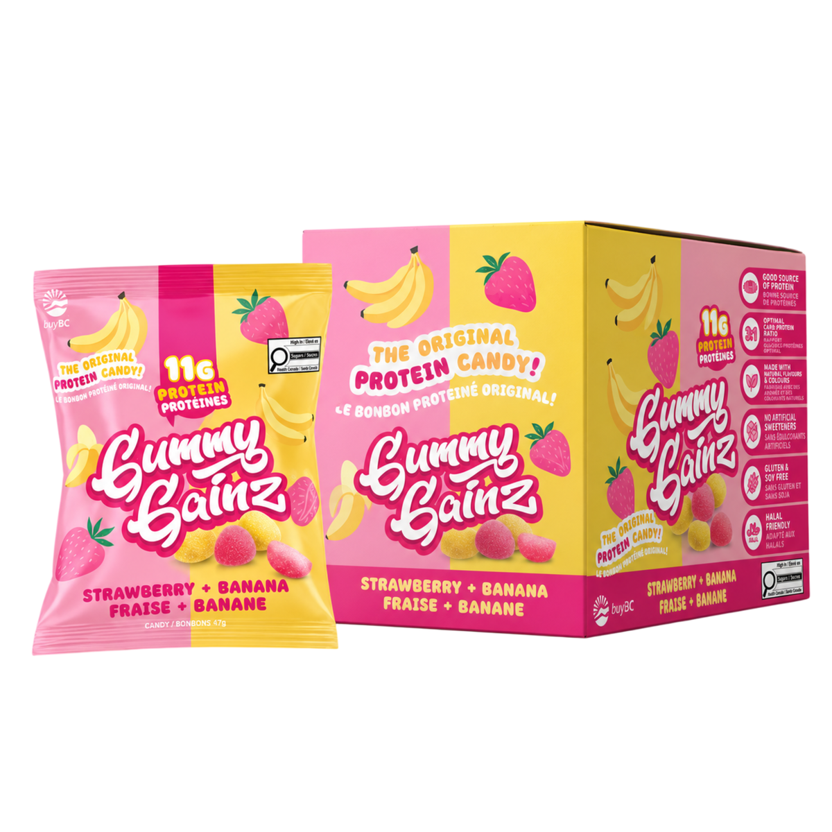 Gummy Gainz Protein Candy Strawberry + Banana (Box of 12 Bags)