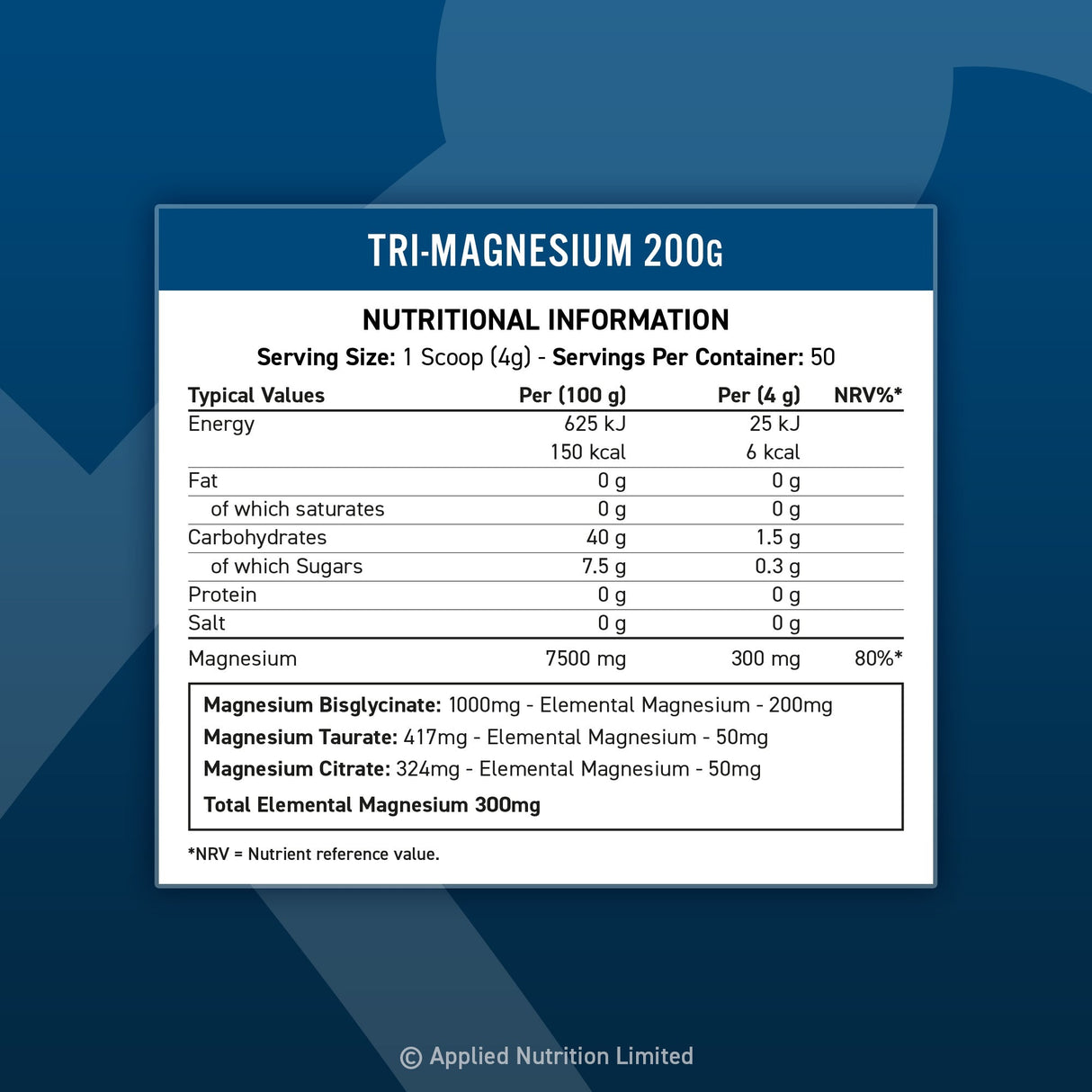 Nutritional information label for Tri-Magnesium 200g supplement Supplement Facts Ingredient panel