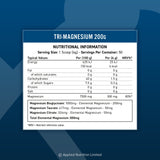 Nutritional information label for Tri-Magnesium 200g supplement Supplement Facts Ingredient panel