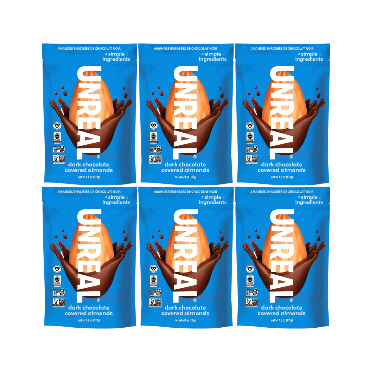 Unreal Snacks Multi-Serve Bags Dark Chocolate Covered Almonds (Pack of 6)