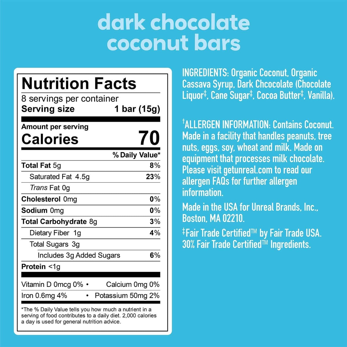 Unreal Snacks Multi-Serve Bags Dark Chocolate Coconut Bars (Pack of 6)