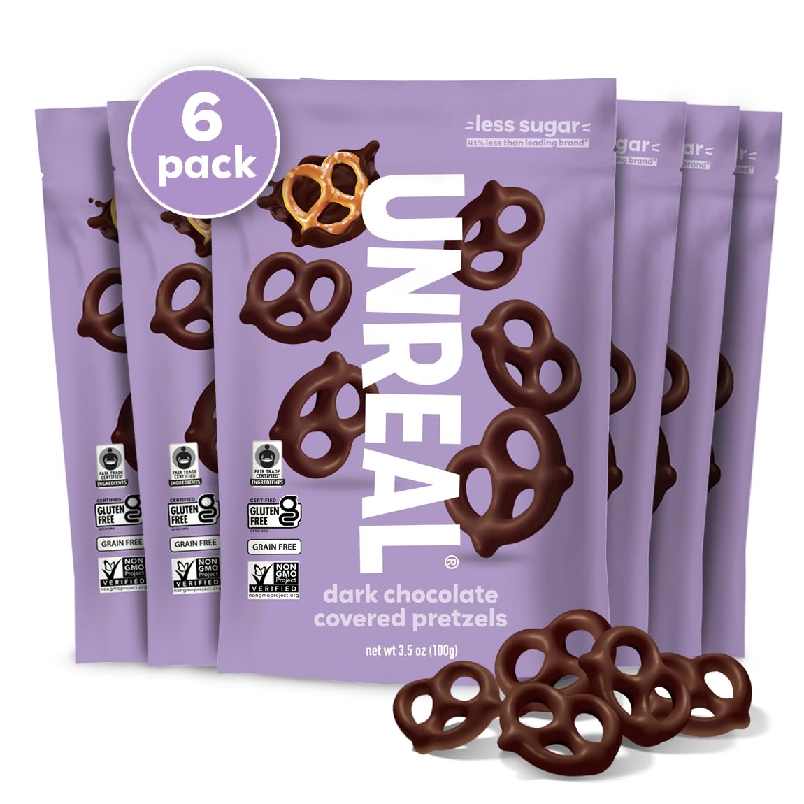Unreal Snacks Multi-Serve Bags Dark Chocolate Covered Pretzels pack of 6, front display