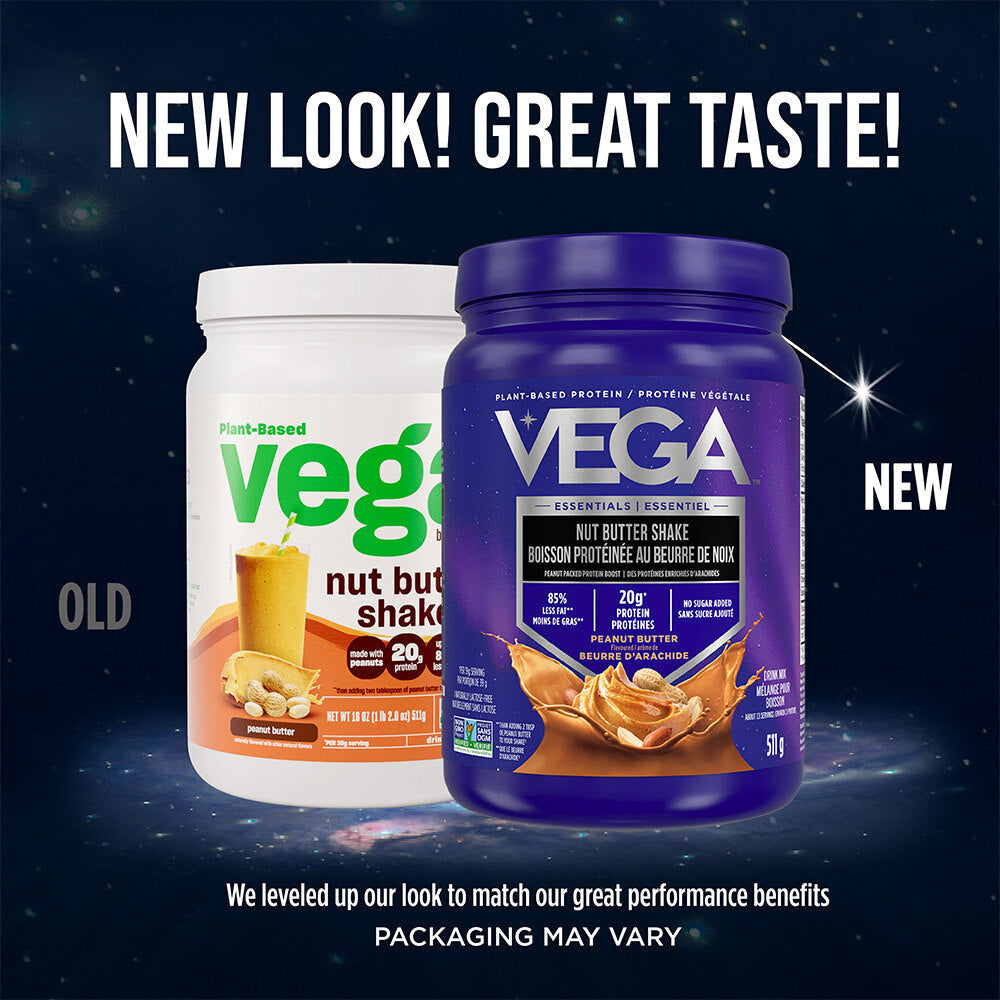 Vega Nut Butter Shake — new Peanut Butter tub beside old packaging, labelled New Look and Old