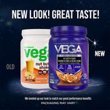 Vega Nut Butter Shake — new Peanut Butter tub beside old packaging, labelled New Look and Old
