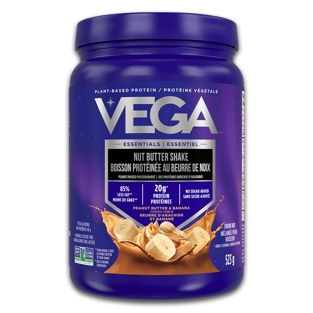 Vega Nut Butter Shake Plant-Based Protein 13 servings — Peanut Butter & Banana tub, front label