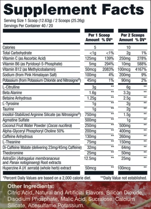 CBUM RAW Thavage Pre-Workout 40 Servings — Cherry Lime Slush — ingredients label and nutrition facts panel