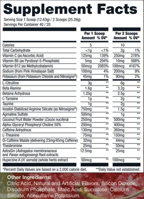 CBUM RAW Thavage Pre-Workout 40 Servings — Cherry Lime Slush — ingredients label and nutrition facts panel