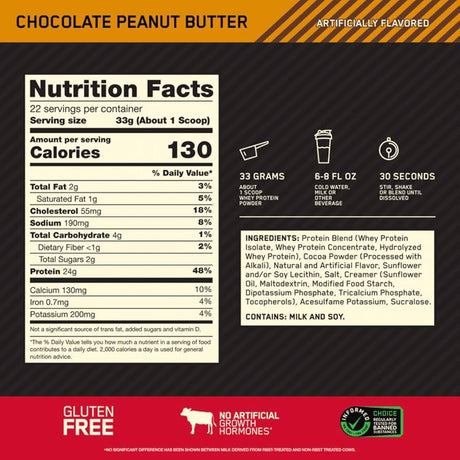 ON Gold Standard Whey 1.5LB Tub — Chocolate Peanut Butter — ingredients label and nutrition facts panel