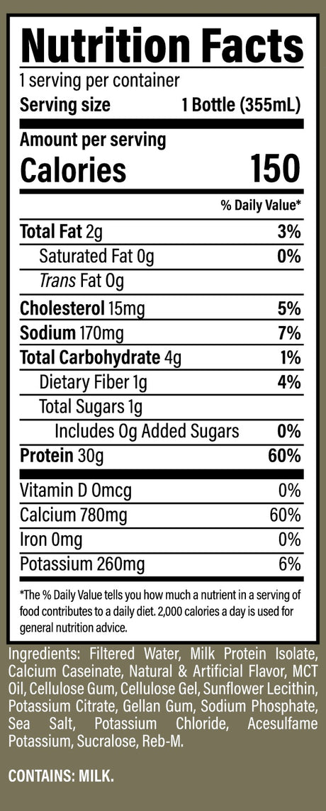 CBUM Raw Grass Fed Isolate Protein Shake RTD 355mL — Vanilla Milkshake — ingredients label and nutrition facts panel