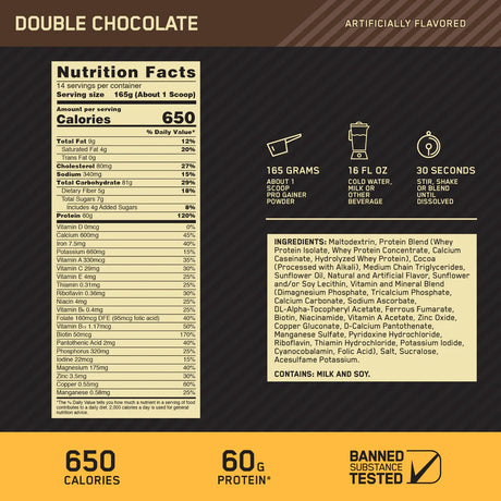 ON Gold Standard Pro Complex Gainer 5lbs — Chocolate — ingredients label and nutrition facts panel
