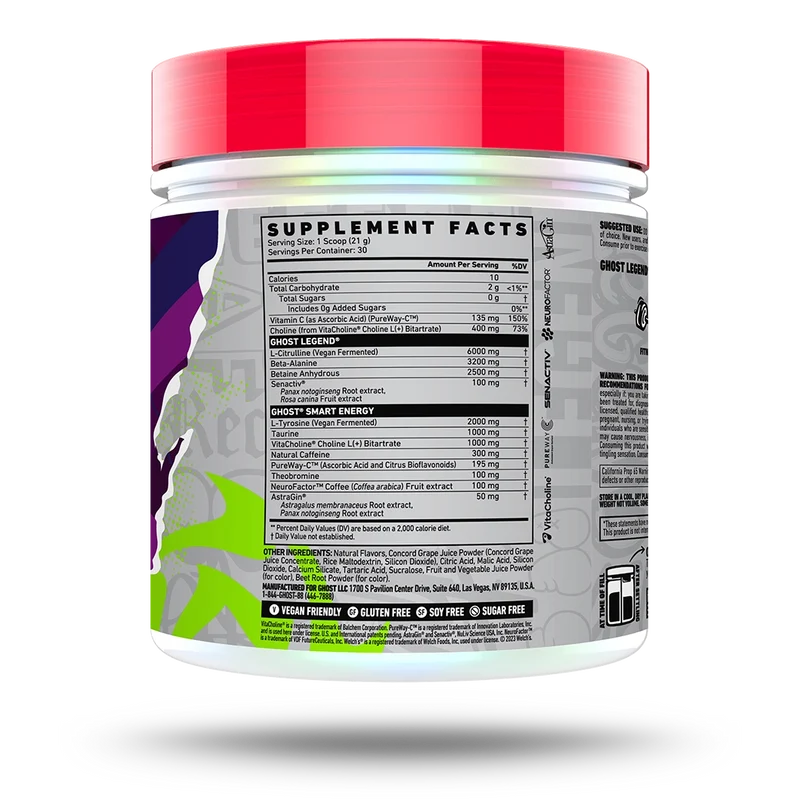 Ghost Legend V3 Pre-Workout 60 Servings — Welch's Grape — ingredients label and nutrition facts panel