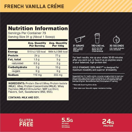 ON Gold Standard 100% Whey Protein 5LB — French Vanilla Creme — ingredients label and nutrition facts panel