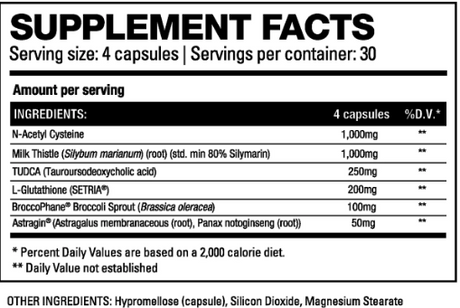 HD Muscle LiverHD 120 Capsules — ingredients label and nutrition facts panel