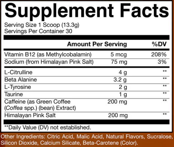 CBUM Essential Pre-Workout 30 Servings — ingredients label and nutrition facts panel