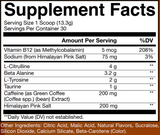 CBUM Essential Pre-Workout 30 Servings — ingredients label and nutrition facts panel