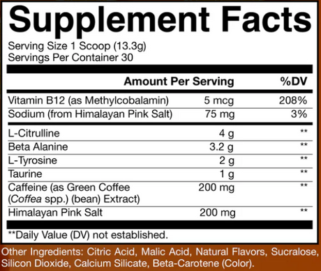 CBUM Essential Pre-Workout 30 Servings — ingredients label and nutrition facts panel
