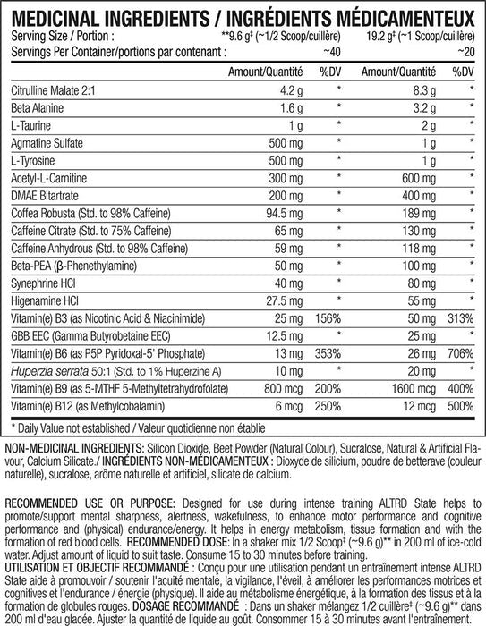 Perfect Sports ALTRD STATE 20 servings — ingredients label and nutrition facts panel
