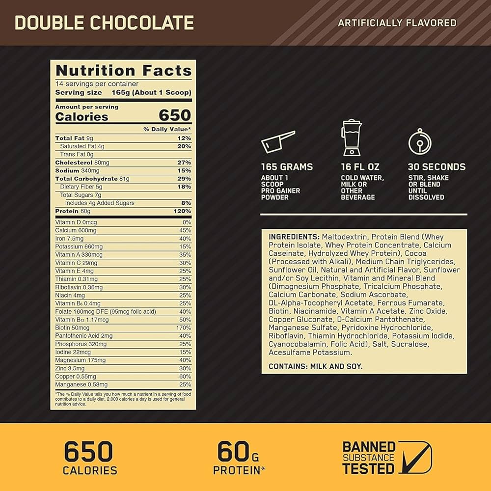 ON Gold Standard Pro Complex Gainer 10lbs — ingredients label and nutrition facts panel