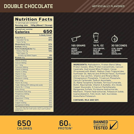ON Gold Standard Pro Complex Gainer 10lbs — ingredients label and nutrition facts panel