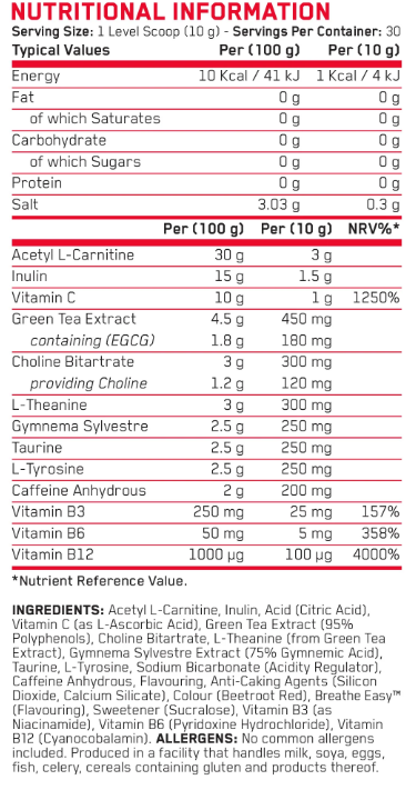 Applied Nutrition Shred-X Thermogenic Powder 300g — Sour Gummy Bear — ingredients label and nutrition facts panel