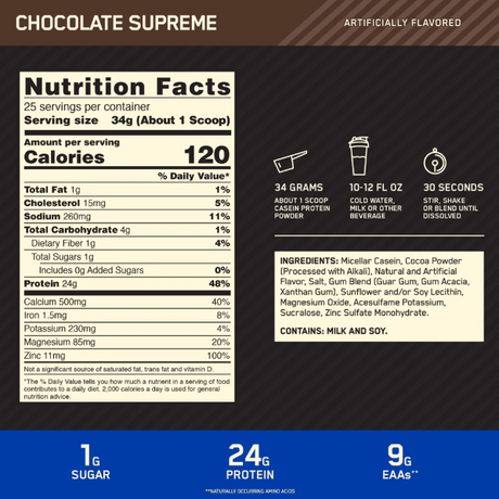 ON Gold Standard 100% Casein 2lbs — Chocolate Supreme — ingredients label and nutrition facts panel