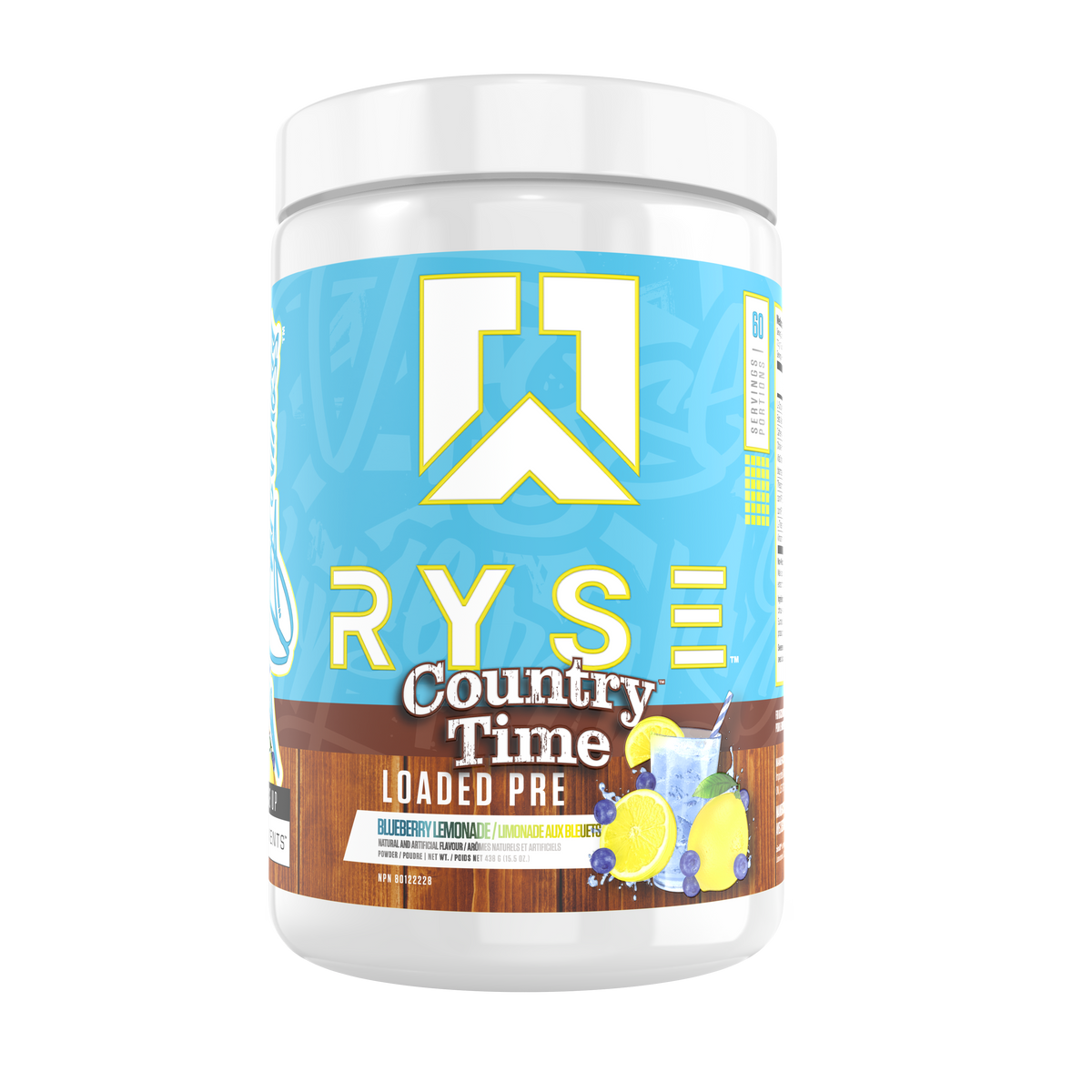 Ryse Loaded Pre 30 Servings — Country Time Blueberry Lemonade tub, front label