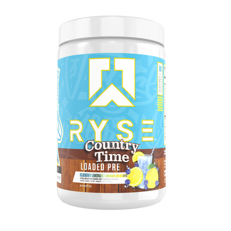 Ryse Loaded Pre 30 Servings — Country Time Blueberry Lemonade tub, front label