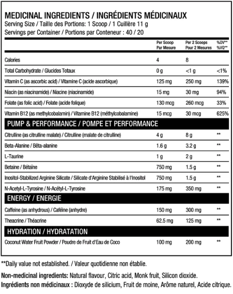 ALT Pre-Workout 40 Servings — Blue Raspberry Lemonade — ingredients label and nutrition facts panel