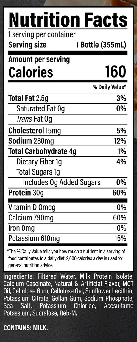 CBUM Raw Grass Fed Isolate Protein Shake RTD 355mL — Salted Caramel — ingredients label and nutrition facts panel