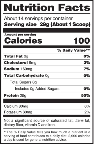 IsoPure Zero Carb Whey Protein Isolate 406g Tub — Unflavoured — ingredients label and nutrition facts panel