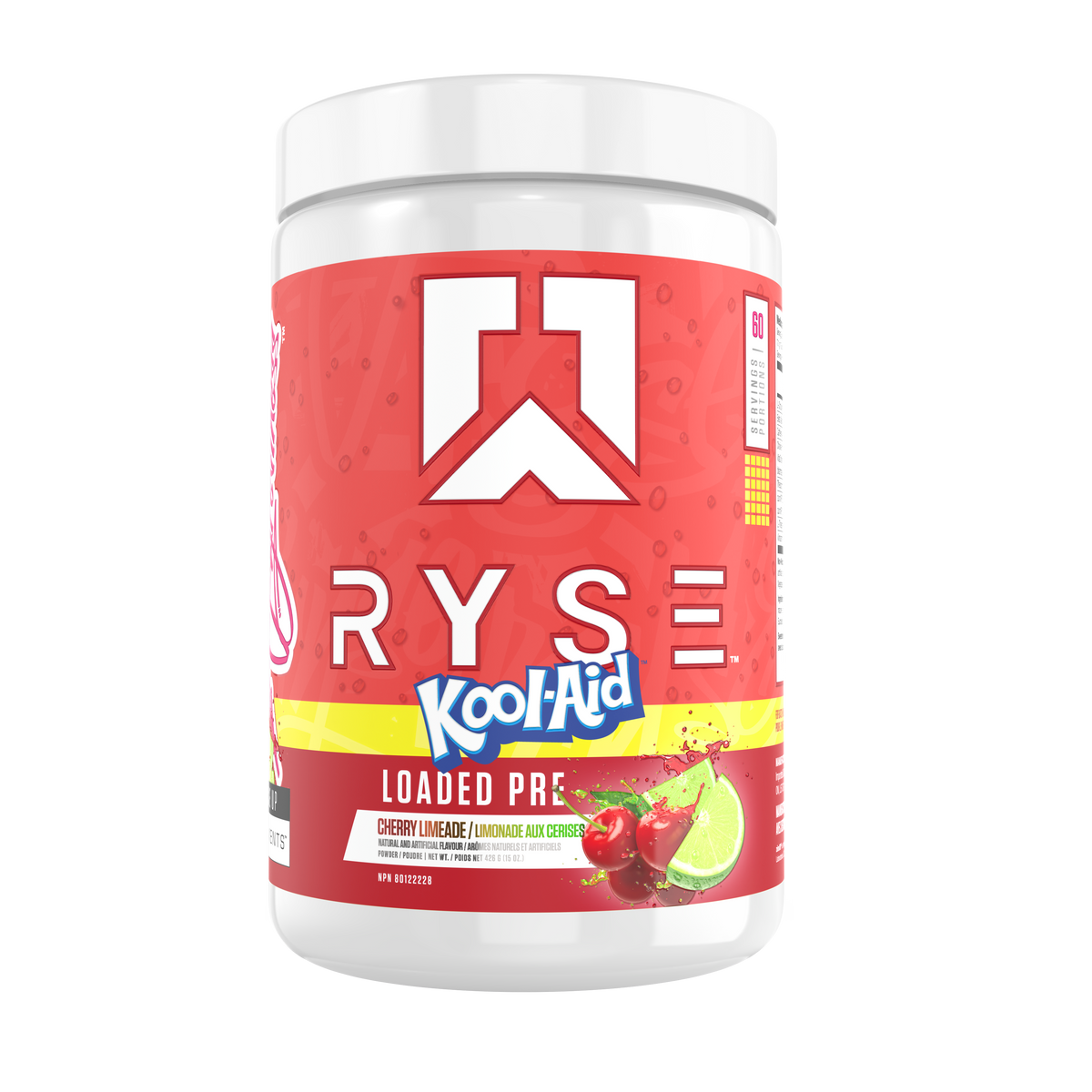 Ryse Loaded Pre 30 Servings — Kool-Aid Cherry Limeade tub, front label