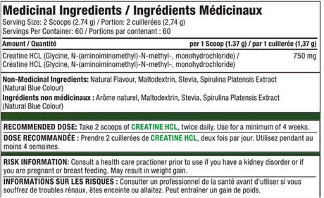Pro Line Creatine HCL Powder 120 servings Natural Sweetened — Natural Blue Raspberry — ingredients label and nutrition facts panel