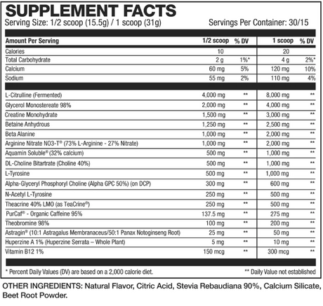 HD Muscle PreHD Ultra 30/15 Servings — Peach Rings — ingredients label and nutrition facts panel