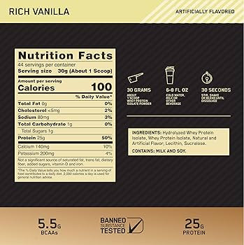 ON Gold Standard Whey Isolate 3lbs — Rich Vanilla — ingredients label and nutrition facts panel