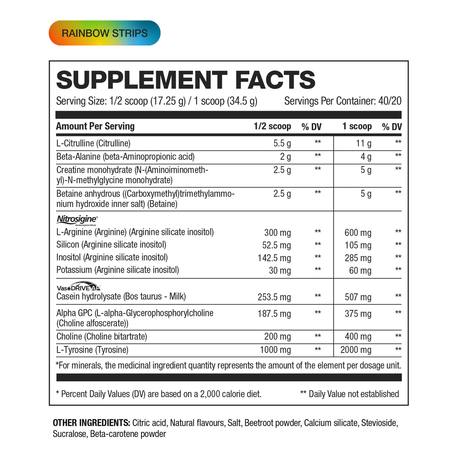 HD Muscle PumpHD Stim Free Pre Workout 20/40 Servings — ingredients label and nutrition facts panel