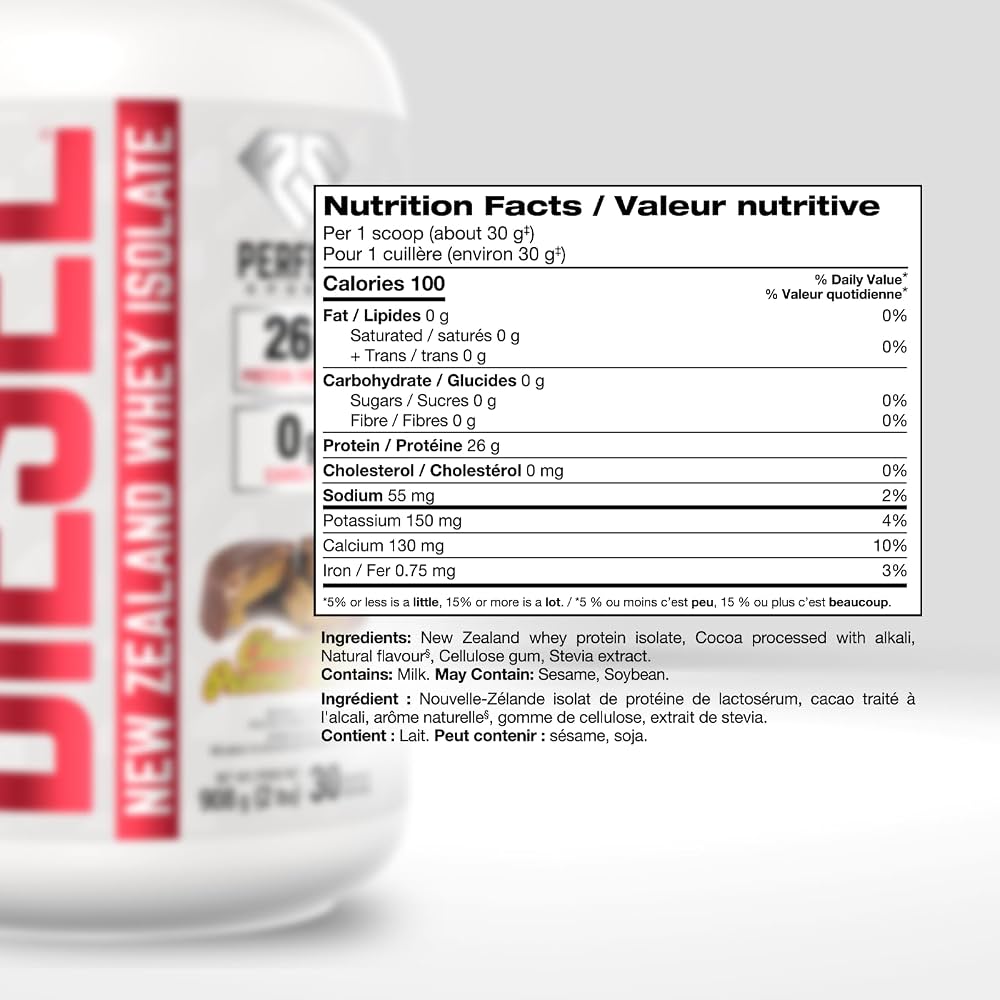 Perfect Sports Diesel New Zealand Whey Isolate 2LB — Peanut Butter Chocolate — ingredients label and nutrition facts panel
