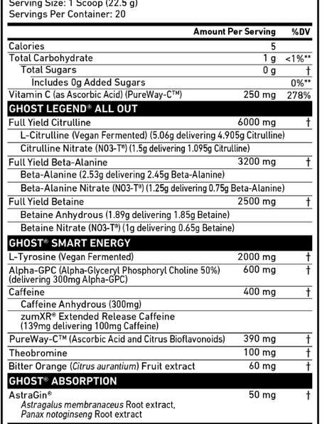 Ghost Legend All Out Loaded Pre Workout 20 / 40 Servings — Warheads Sour Green Apple — ingredients label and nutrition facts panel