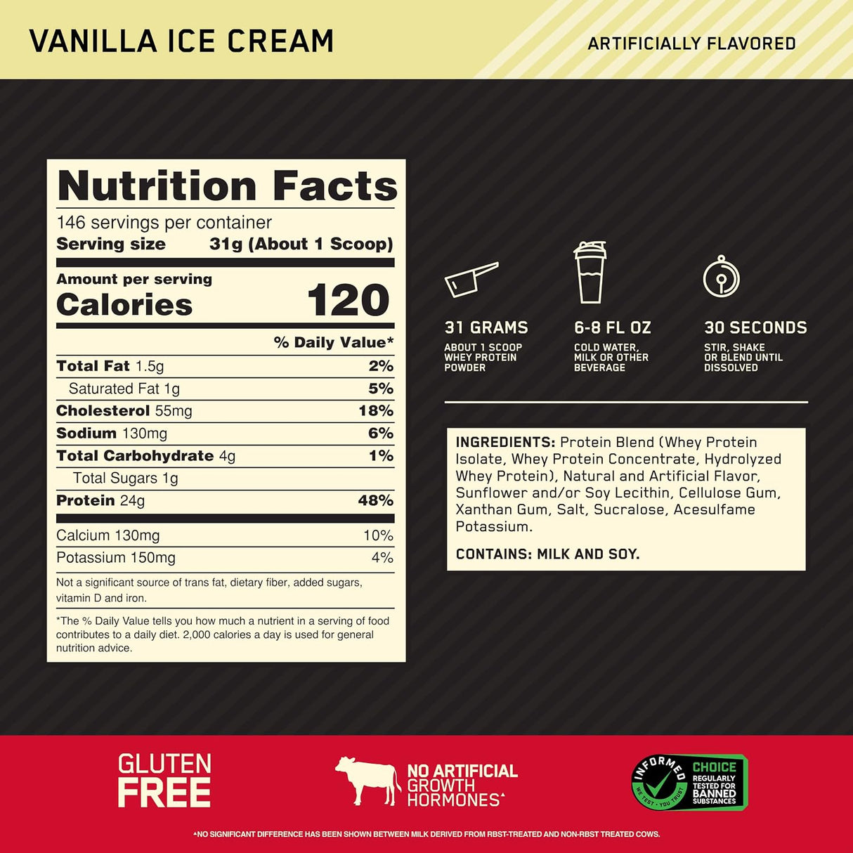 Optimum Nutrition Gold Standard Whey 10lbs — Vanilla Ice Cream — ingredients label and nutrition facts panel