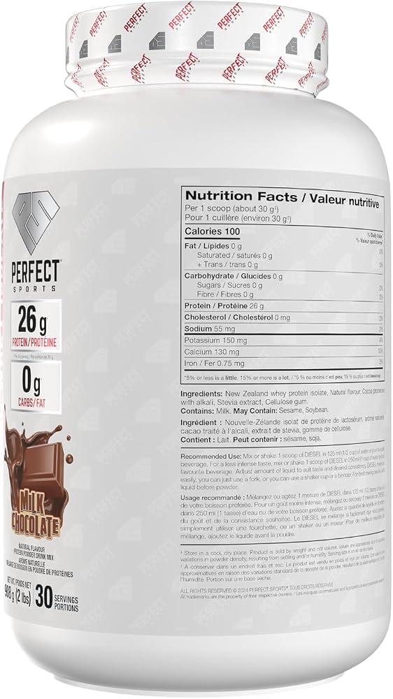 Perfect Sports Diesel New Zealand Whey Isolate 2LB — Milk Chocolate — ingredients label and nutrition facts panel